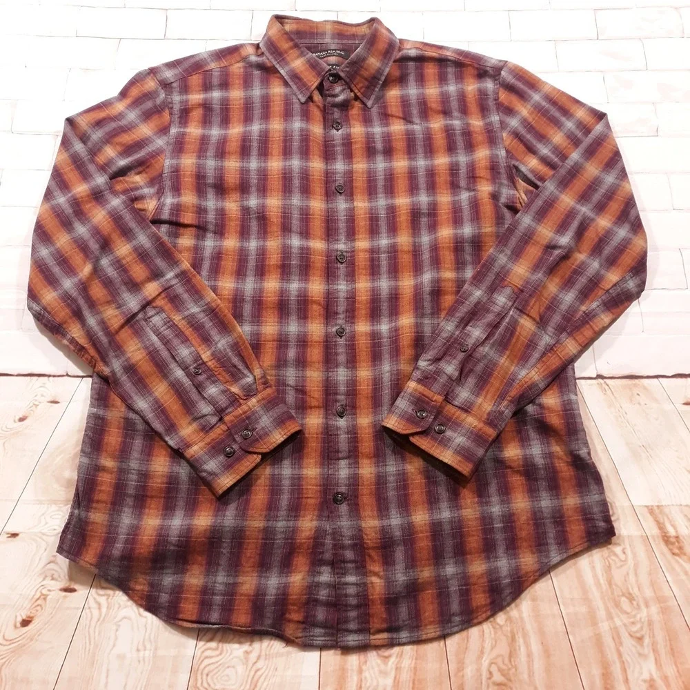 Banana Republic Luxe Flannel Shirt Mens Large Grant Fit Purple Orange Cotton